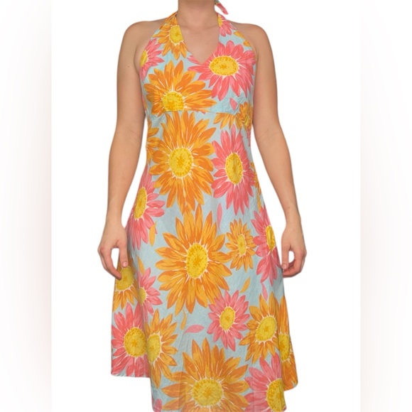 Liz Claiborne 100% linen Floral Midi Dress, halter top- Orange and Pink, Size 10 - Picture 9 of 12